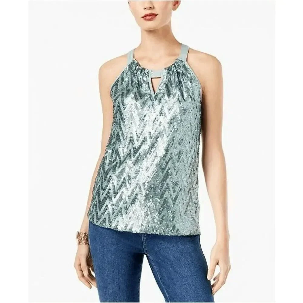 INC International Concepts Sequin Sage Green High Neck Blouse Flawed XL